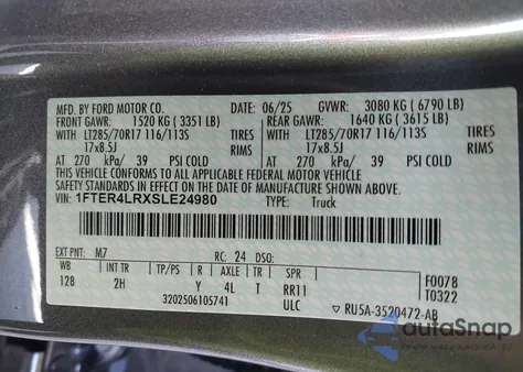 2025 Ford Ranger Raptor z USA, uszkodzony, nr VIN 1FTER4LRXSLE24980